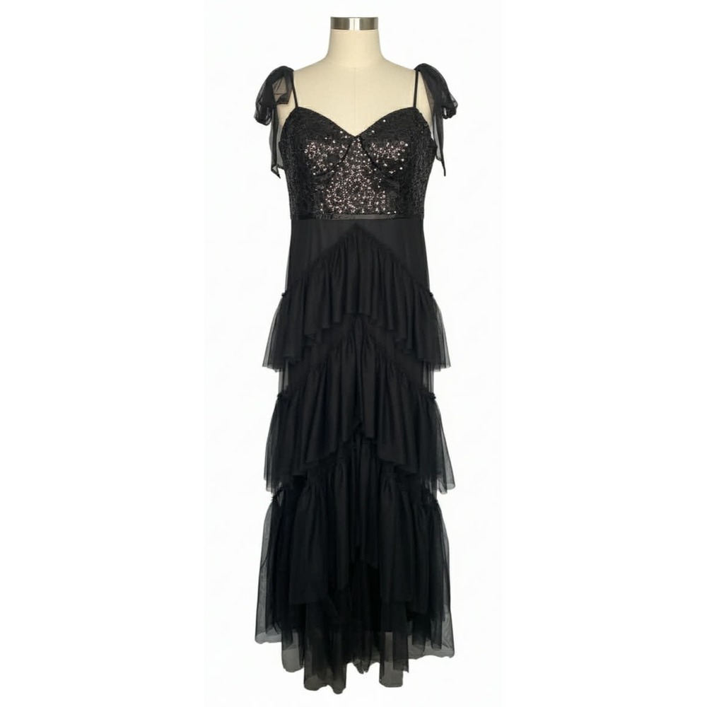 City Studio Dress Womens Size 9/10‎ Black Corset Tiered Tulle Sequin Maxi Gown